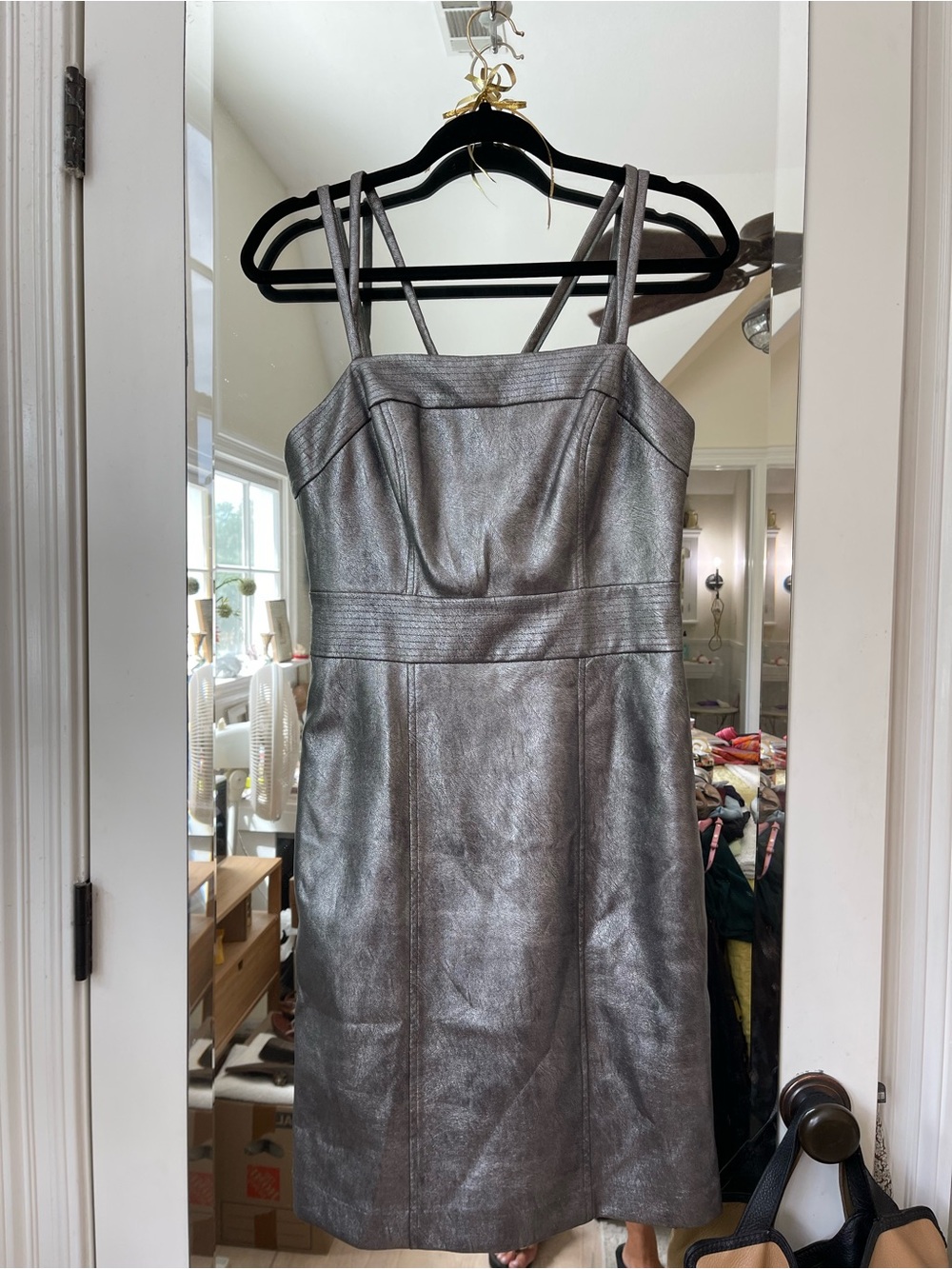 BCBG Maxazria metallic pewter colored size 4 tailored dress.  Runs big.